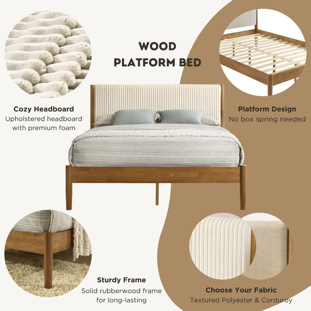 English Elm Vichy Queen Platform Bed Corduroy Headboard Rubberwood Frame Modern Bedroom T2574S00242