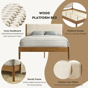 English Elm Vichy Queen Platform Bed Corduroy Headboard Rubberwood Frame Modern Bedroom T2574S00242