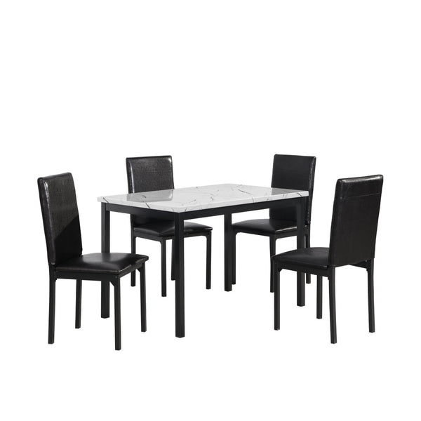 English Elm Citico 5 Piece Metal Dining Set Faux Marble Table Vinyl Upholstered Cafe Chairs White+Black T2574S00254
