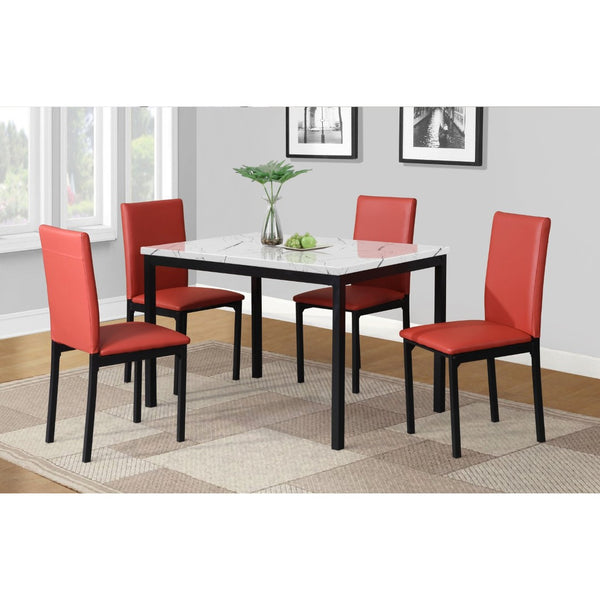 English Elm Citico 5 Piece Metal Dining Set Faux Marble Table Vinyl Upholstered Cafe Chairs White+Red T2574S00256