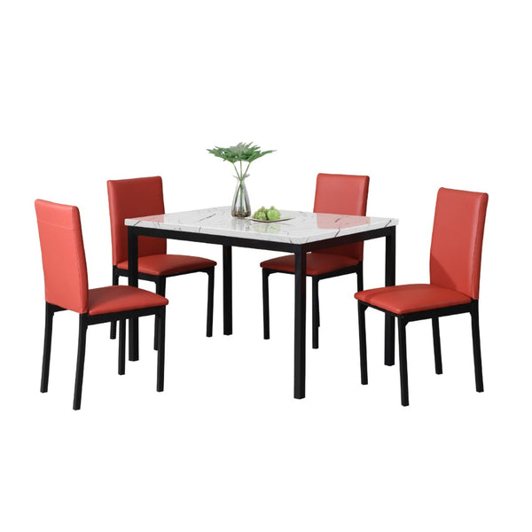 English Elm Citico 5 Piece Metal Dining Set Faux Marble Table Vinyl Upholstered Cafe Chairs White+Red T2574S00256