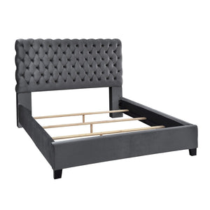 English Elm Roundhill Furniture Apoera Queen Velvet Tufted Headboard Bed with Bun Feet Elegant T2574S00262