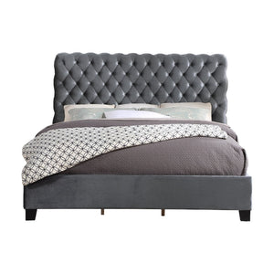 English Elm Roundhill Furniture Apoera Queen Velvet Tufted Headboard Bed with Bun Feet Elegant T2574S00262