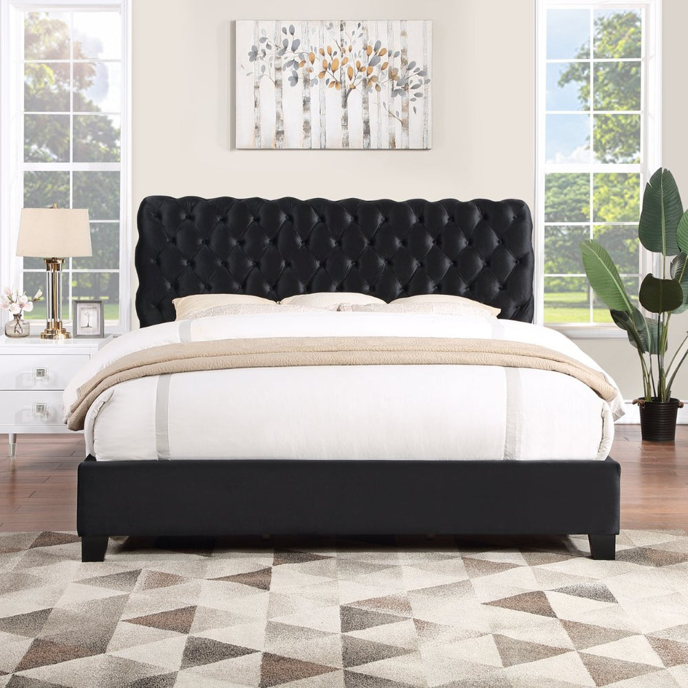 English Elm Apoera King Bed Diamond Tufted Velvet Headboard with Rubberwood Bun Feet Bedroom T2574S00264