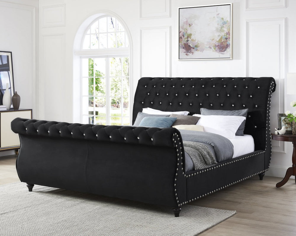 English Elm Evora Queen Sleigh Bed in Black Velvet with Crystal Tufting and Nailhead Trim T2574S00266