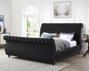 English Elm Evora Queen Sleigh Bed in Black Velvet with Crystal Tufting and Nailhead Trim T2574S00266