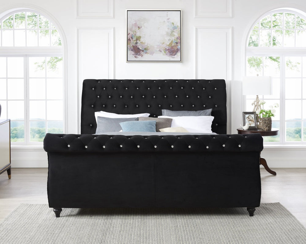 English Elm Evora Queen Sleigh Bed in Black Velvet with Crystal Tufting and Nailhead Trim T2574S00266