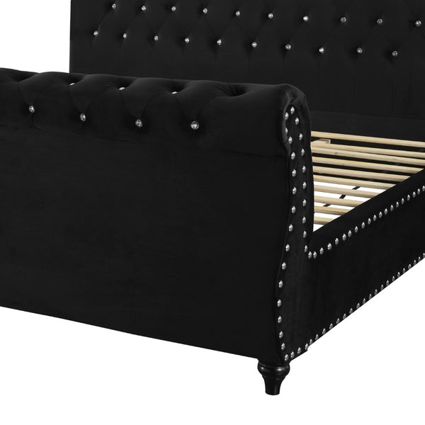 English Elm Evora Queen Sleigh Bed in Black Velvet with Crystal Tufting and Nailhead Trim T2574S00266