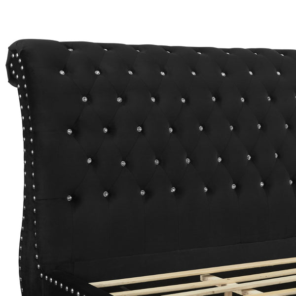 English Elm Evora Queen Sleigh Bed in Black Velvet with Crystal Tufting and Nailhead Trim T2574S00266