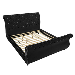 English Elm Evora Queen Sleigh Bed in Black Velvet with Crystal Tufting and Nailhead Trim T2574S00266