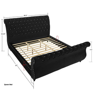 English Elm Evora Queen Sleigh Bed in Black Velvet with Crystal Tufting and Nailhead Trim T2574S00266