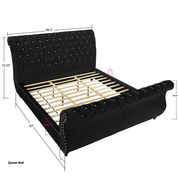 English Elm Evora Queen Sleigh Bed in Black Velvet with Crystal Tufting and Nailhead Trim T2574S00266