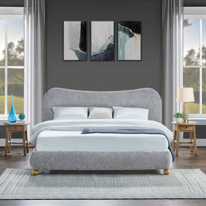 English Elm Lunara Queen Platform Bed Chenille Camelback Headboard Oak Bun Feet Gray T2574S00267