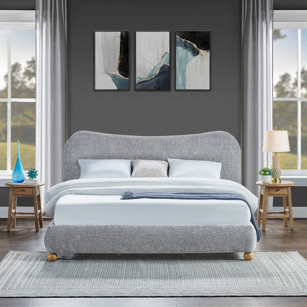 English Elm Lunara Queen Platform Bed Chenille Camelback Headboard Oak Bun Feet Gray T2574S00267