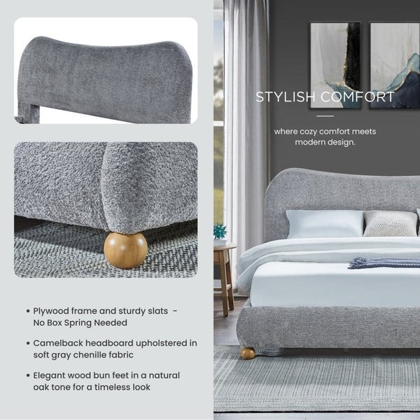 English Elm Lunara Queen Platform Bed Chenille Camelback Headboard Oak Bun Feet Gray T2574S00267