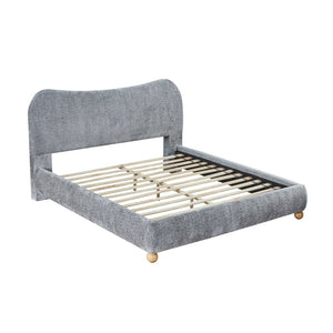 English Elm Lunara Queen Platform Bed Chenille Camelback Headboard Oak Bun Feet Gray T2574S00267