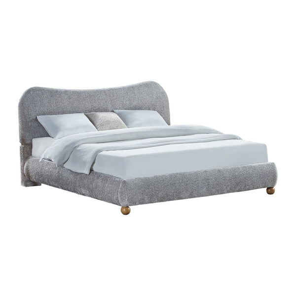 English Elm Lunara Queen Platform Bed Chenille Camelback Headboard Oak Bun Feet Gray T2574S00267
