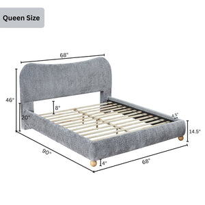 English Elm Lunara Queen Platform Bed Chenille Camelback Headboard Oak Bun Feet Gray T2574S00267