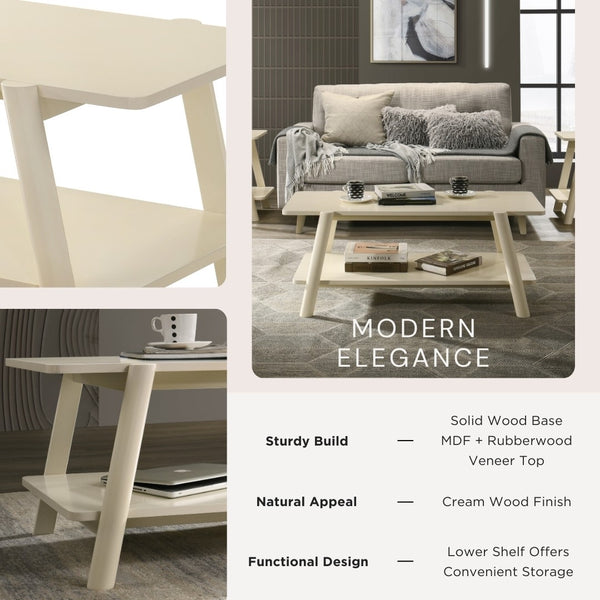 English Elm Metz Mid-century Modern 3 Piece Coffee and End Table Set with Open Shelf Storage T2574S00269