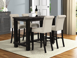 English Elm Leviton Weathered Wood Pub Table Set with Four Tufted Tan Upholstered Barstools T2574S00270