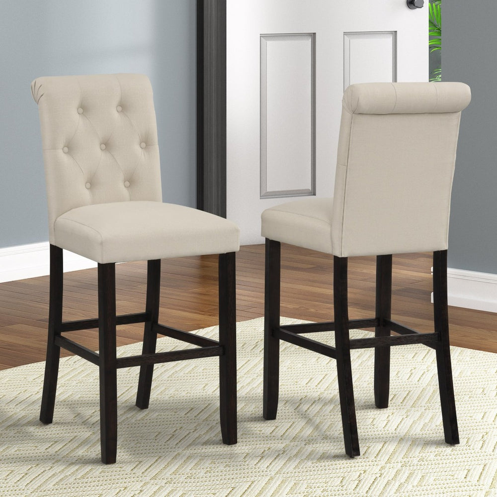 English Elm Leviton Weathered Wood Pub Table Set with Four Tufted Tan Upholstered Barstools T2574S00270