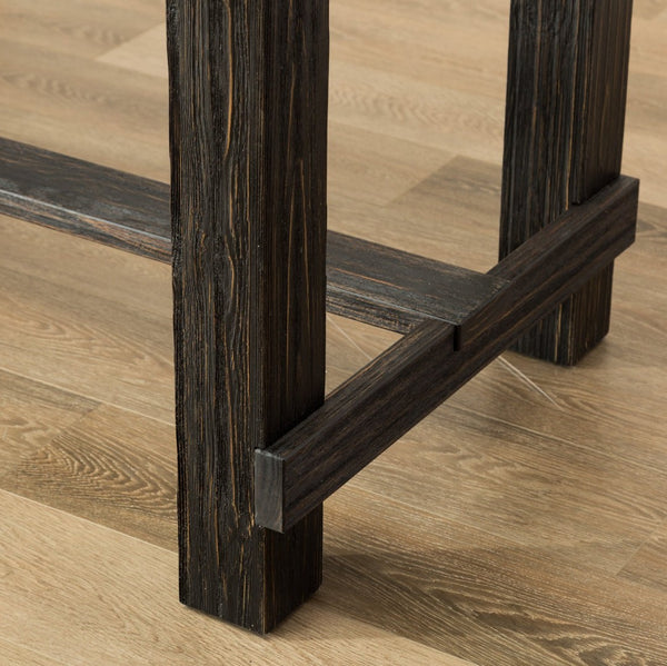 English Elm Leviton Weathered Wood Pub Table Set with Four Tufted Tan Upholstered Barstools T2574S00270