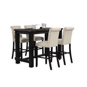 English Elm Leviton Weathered Wood Pub Table Set with Four Tufted Tan Upholstered Barstools T2574S00270