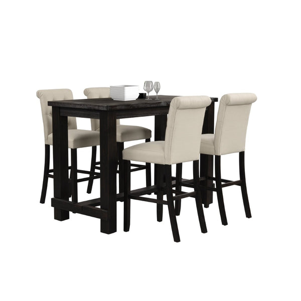 English Elm Leviton Weathered Wood Pub Table Set with Four Tufted Tan Upholstered Barstools T2574S00270