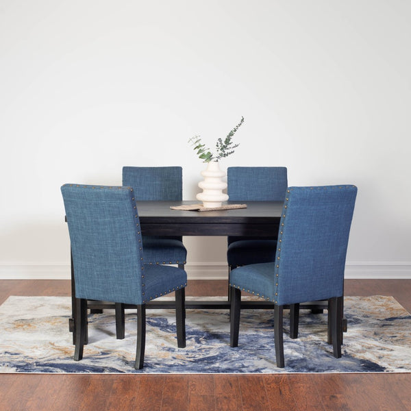 English Elm Muzzi Contemporary Rectangular Dining Set Seats Four with Brass Nailhead Upholstered Chairs Blue T2574S00272