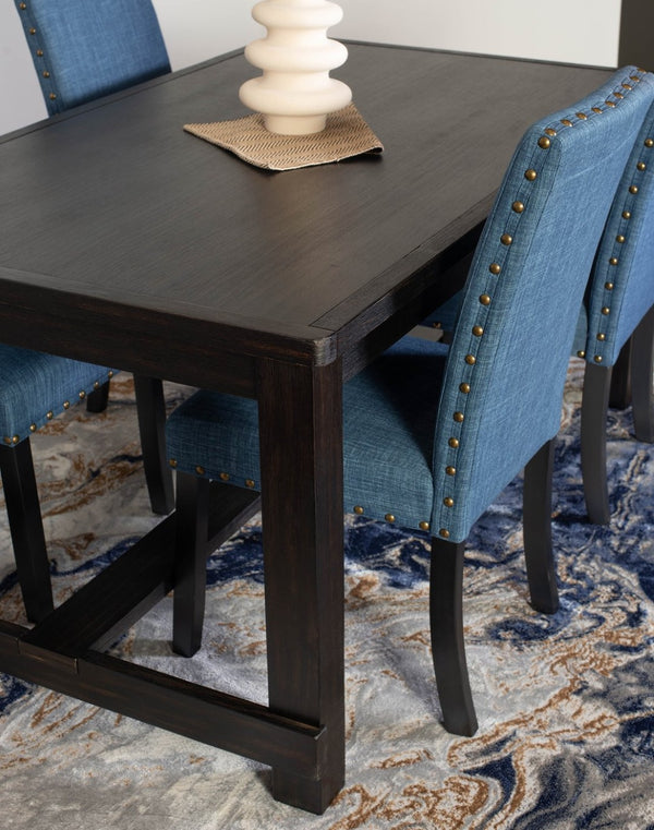 English Elm Muzzi Contemporary Rectangular Dining Set Seats Four with Brass Nailhead Upholstered Chairs Blue T2574S00272
