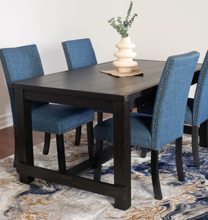 English Elm Muzzi Contemporary Rectangular Dining Set Seats Four with Brass Nailhead Upholstered Chairs Blue T2574S00272