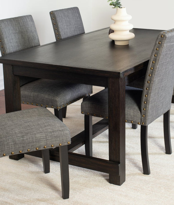 English Elm Muzzi Contemporary Rectangular Dining Set Seats Four with Brass Nailhead Upholstered Chairs Gray T2574S00273