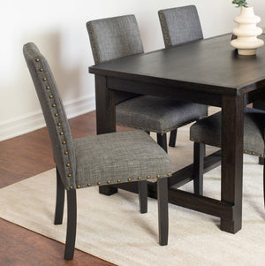 English Elm Muzzi Contemporary Rectangular Dining Set Seats Four with Brass Nailhead Upholstered Chairs Gray T2574S00273