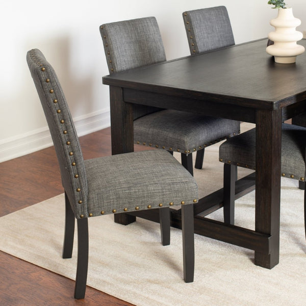 English Elm Muzzi Contemporary Rectangular Dining Set Seats Four with Brass Nailhead Upholstered Chairs Gray T2574S00273