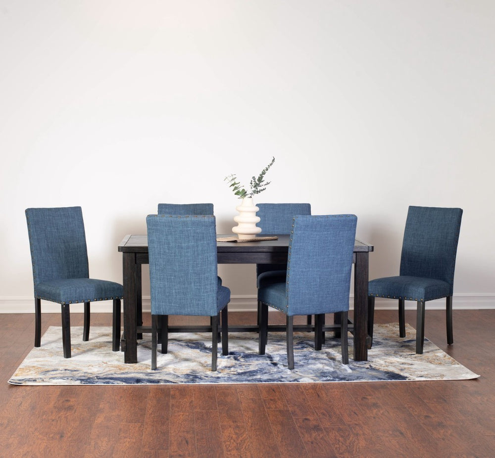English Elm Muzzi 7 Piece Rectangular Dining Set Solid Wood Table with Nailhead Upholstered Chairs Blue T2574S00275