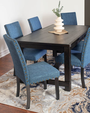 English Elm Muzzi 7 Piece Rectangular Dining Set Solid Wood Table with Nailhead Upholstered Chairs Blue T2574S00275
