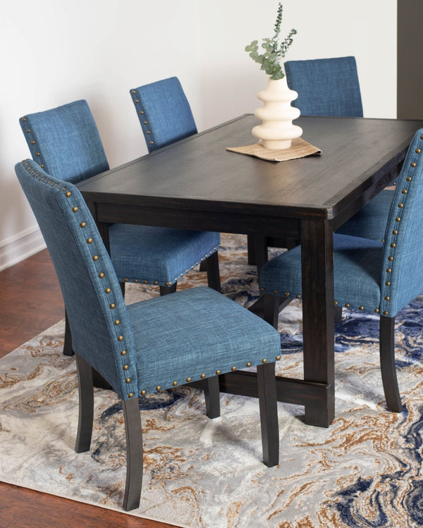 English Elm Muzzi 7 Piece Rectangular Dining Set Solid Wood Table with Nailhead Upholstered Chairs Blue T2574S00275