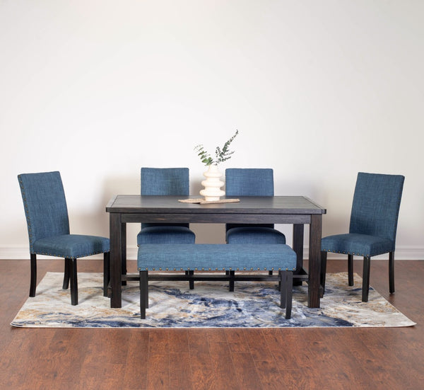 English Elm Muzzi Transitional 6 Piece Dining Set Hardwood Table Upholstered Chairs Bench Blue T2574S00278