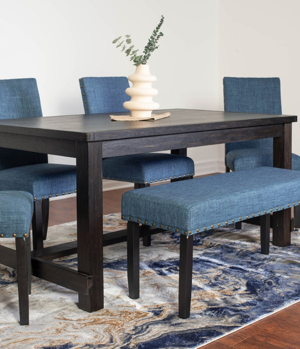 English Elm Muzzi Transitional 6 Piece Dining Set Hardwood Table Upholstered Chairs Bench Blue T2574S00278