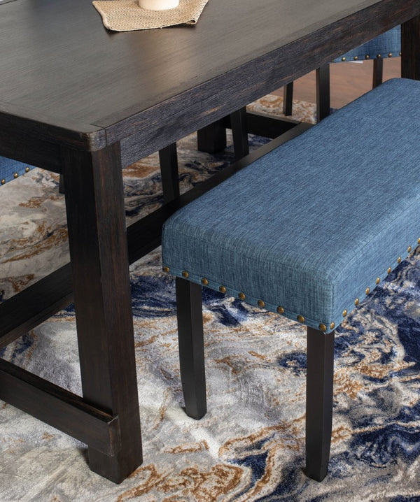 English Elm Muzzi Transitional 6 Piece Dining Set Hardwood Table Upholstered Chairs Bench Blue T2574S00278