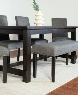 English Elm Muzzi Transitional 6 Piece Dining Set Hardwood Table Upholstered Chairs Bench Gray T2574S00279
