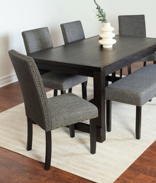 English Elm Muzzi Transitional 6 Piece Dining Set Hardwood Table Upholstered Chairs Bench Gray T2574S00279