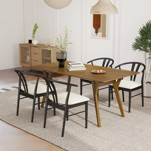 English Elm Lavin Walnut Rectangular Dining Set Seats Four with Curved Wishbone Chairs in Matte Black 4 Black Wishbone Chairs T2574S00281