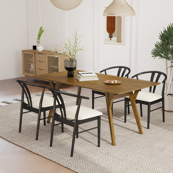 English Elm Lavin Walnut Rectangular Dining Set Seats Four with Curved Wishbone Chairs in Matte Black 4 Black Wishbone Chairs T2574S00281