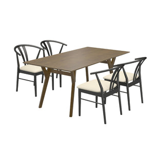 English Elm Lavin Walnut Rectangular Dining Set Seats Four with Curved Wishbone Chairs in Matte Black 4 Black Wishbone Chairs T2574S00281