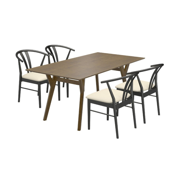 English Elm Lavin Walnut Rectangular Dining Set Seats Four with Curved Wishbone Chairs in Matte Black 4 Black Wishbone Chairs T2574S00281