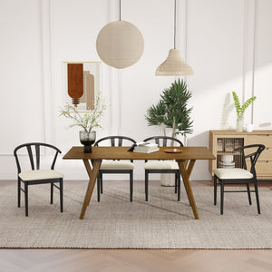 English Elm Lavin Walnut Rectangular Dining Set Seats Four with Curved Wishbone Chairs in Matte Black 4 Black Wishbone Chairs T2574S00281