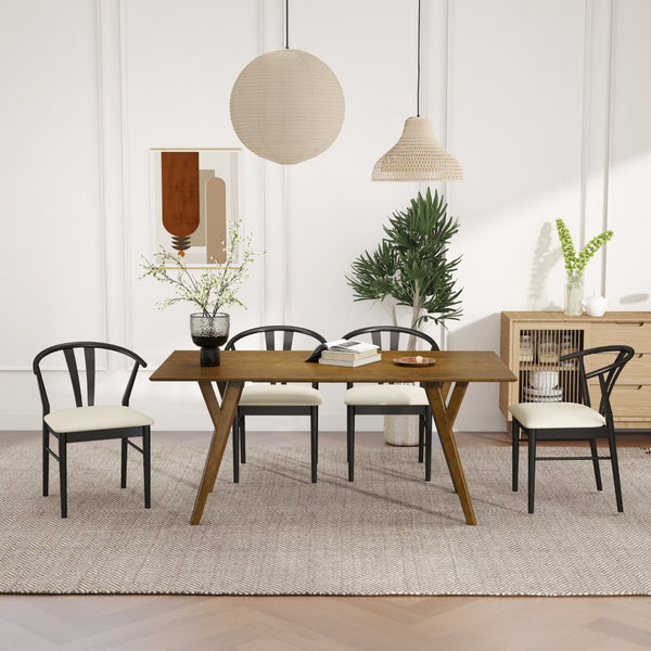 English Elm Lavin Walnut Rectangular Dining Set Seats Four with Curved Wishbone Chairs in Matte Black 4 Black Wishbone Chairs T2574S00281