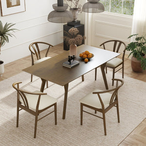 English Elm Lavin Walnut Rectangular Dining Set Seats Four with Curved Wishbone Chairs in Matte Black 4 Brown Wishbone Chairs T2574S00282