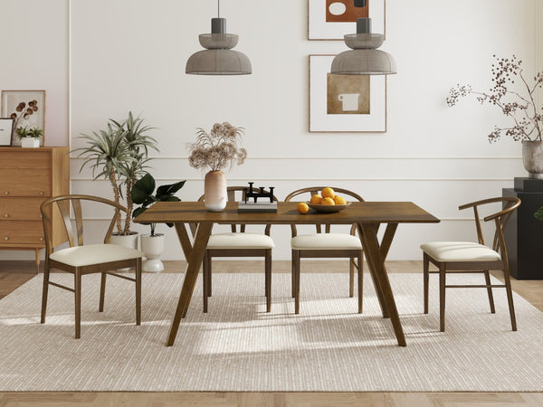 English Elm Lavin Walnut Rectangular Dining Set Seats Four with Curved Wishbone Chairs in Matte Black 4 Brown Wishbone Chairs T2574S00282